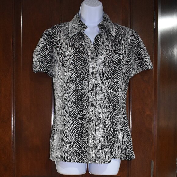 Harve Benard Snake Print Button Up Blouse Sz L Short Sleeve Cotton Collared Top - Picture 2 of 12